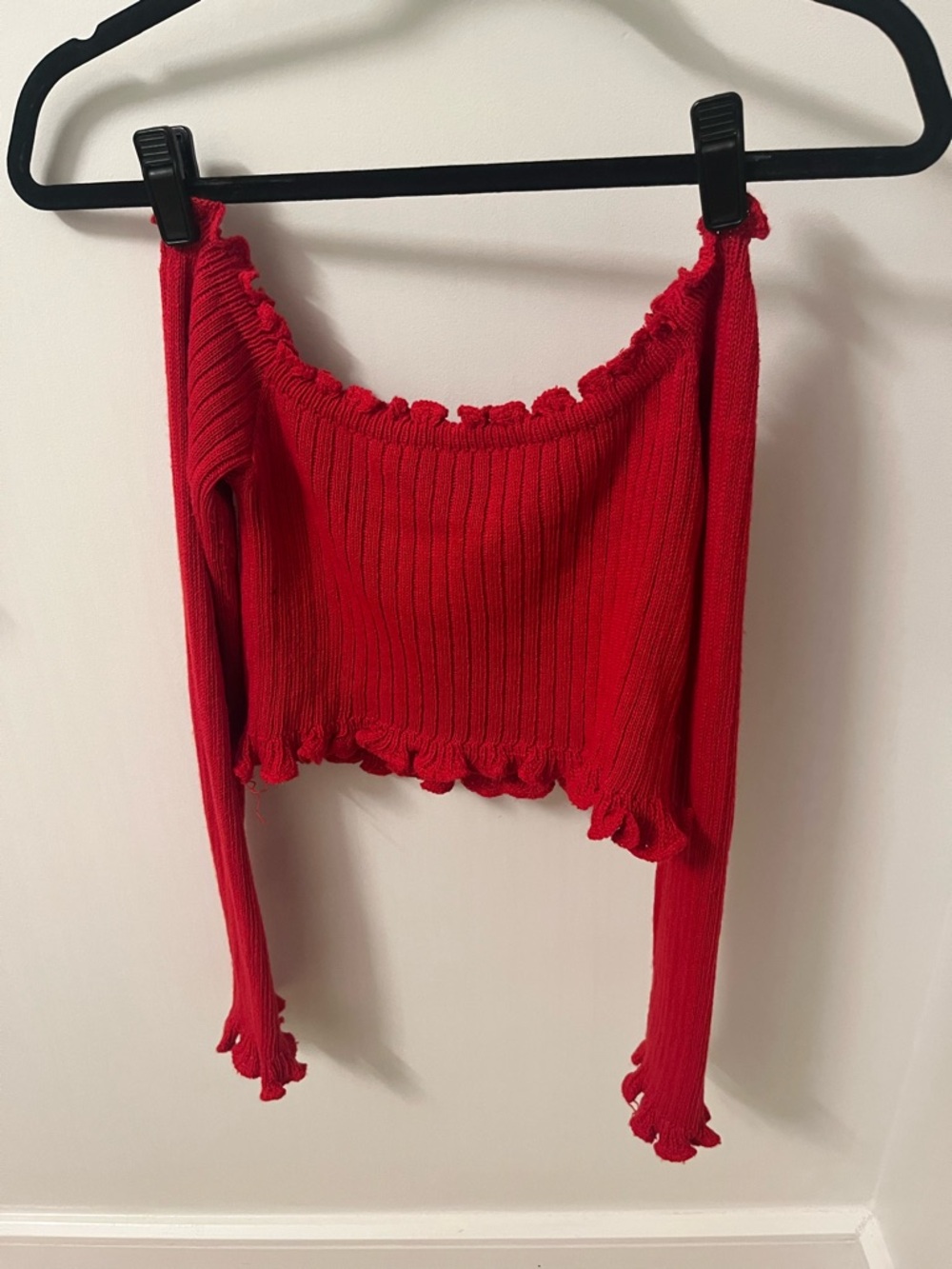 Nanana Red Ribbed Ruffle-Trim Long Sleeve Crop Top